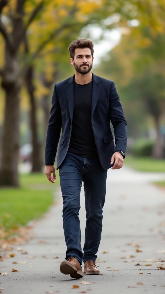 A man walking in a park wearing a navy blazer, black t-shirt, dark jeans, and brown shoes.