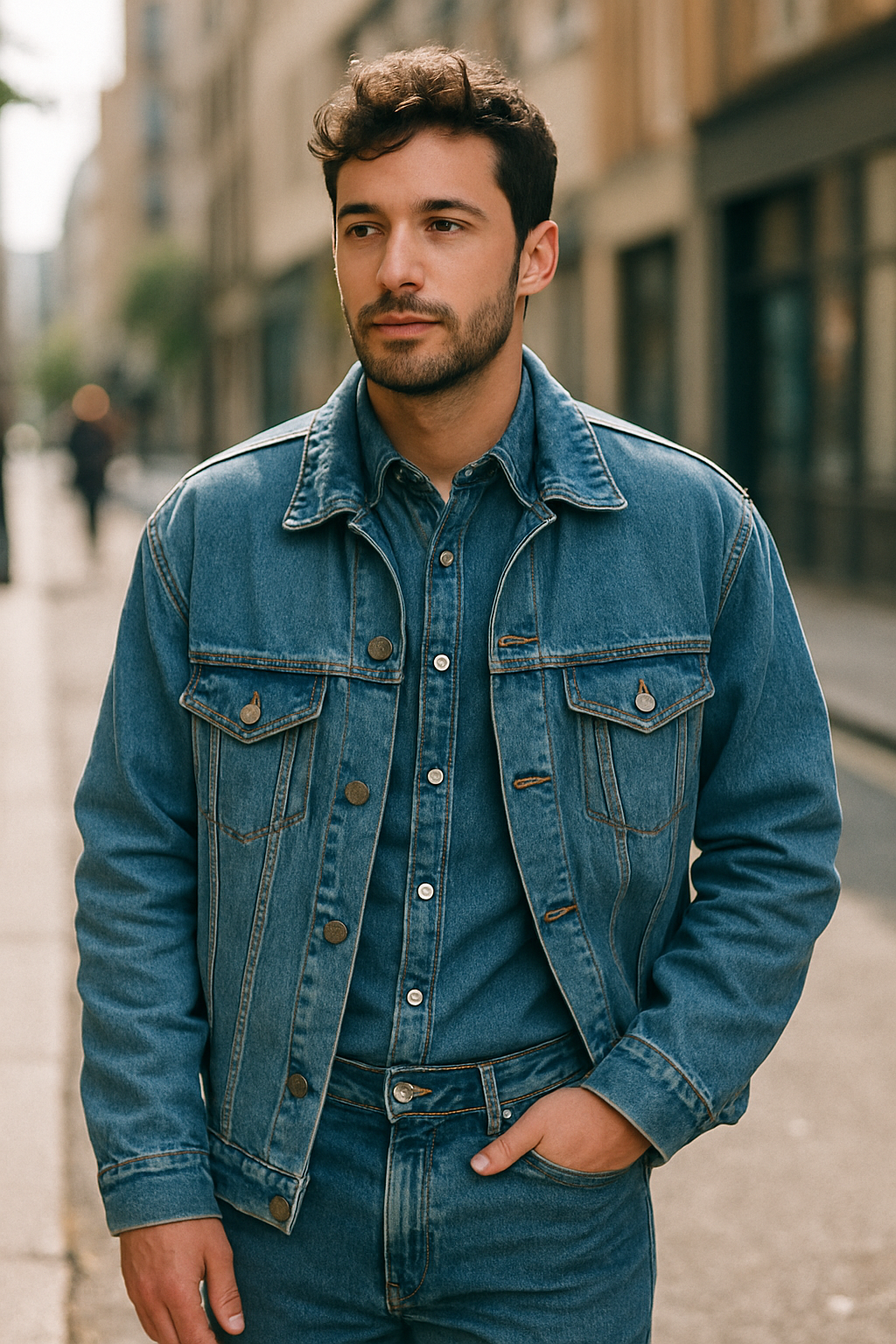 A man wearing a denim jacket and matching denim shirt, standing on a city street.