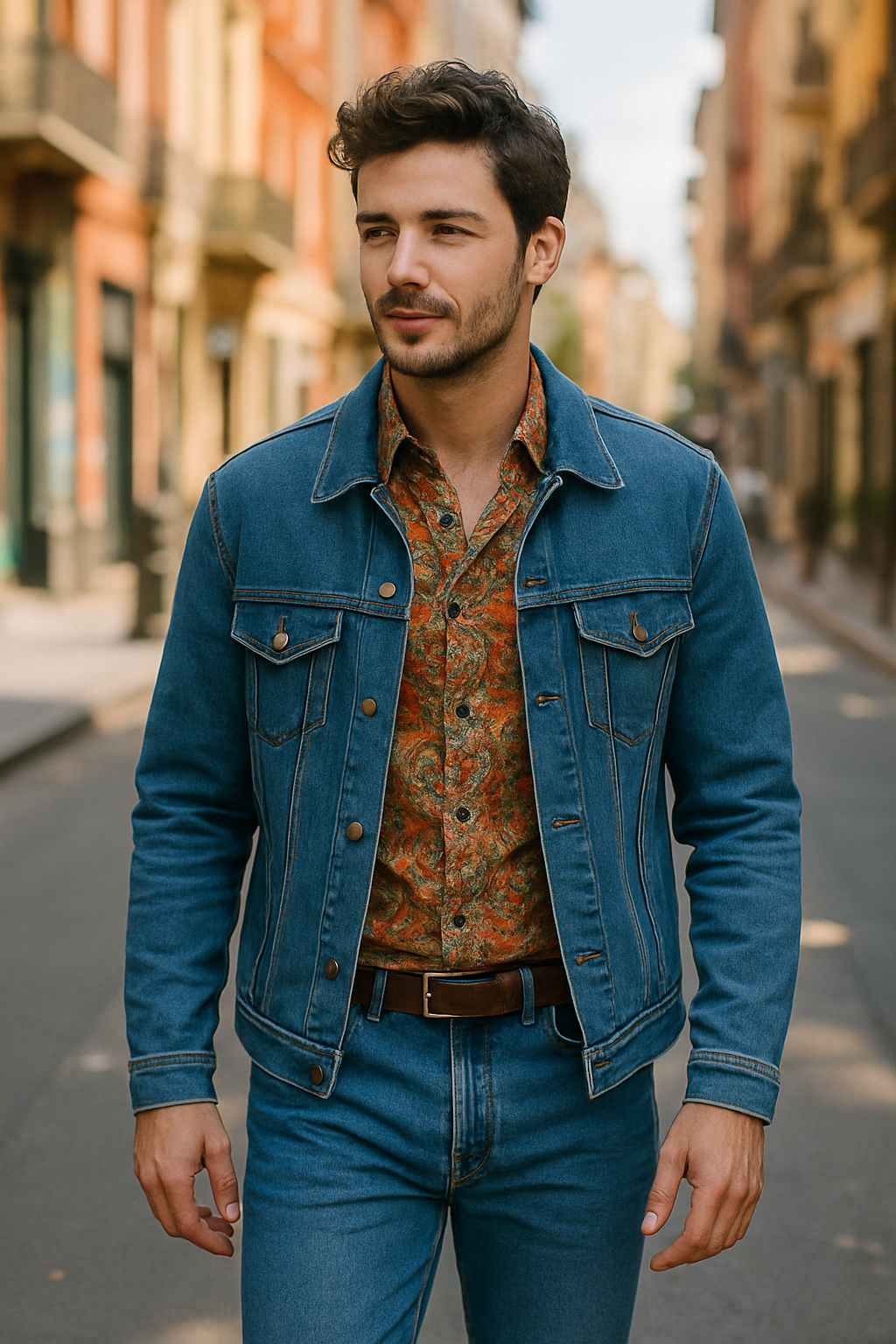 A man wearing a denim jacket over a patterned shirt and matching jeans, walking down a street.