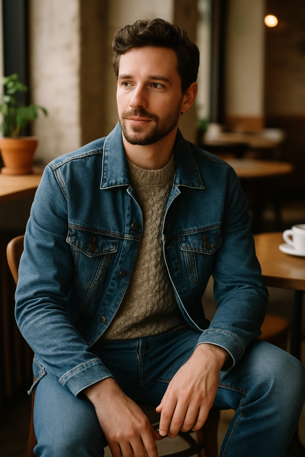 A man in a denim jacket and knitted sweater sitting in a cafe