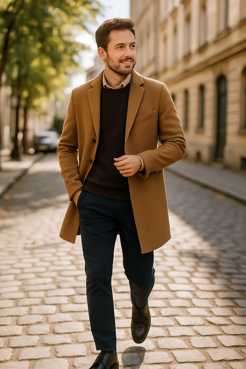 A man walking on a cobblestone street wearing derby shoes, a coat, and a sweater.