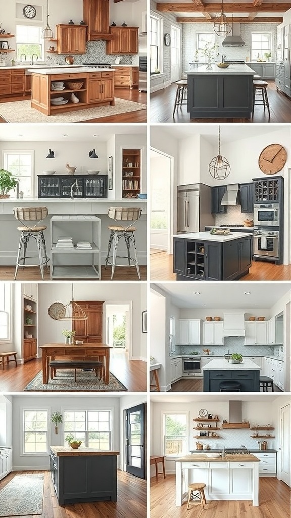 Various designs of narrow kitchen islands showcasing traditional, modern, casual, and rustic styles.