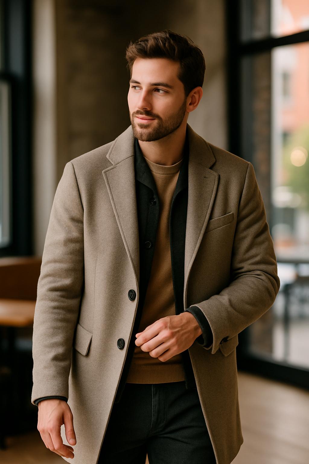 A man in a stylish coat walking confidently indoors