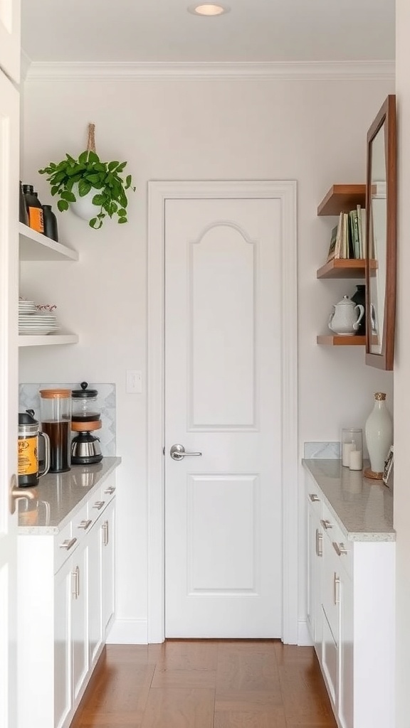A narrow pantry with a beverage station, featuring shelves, a coffee maker, and a hanging plant.