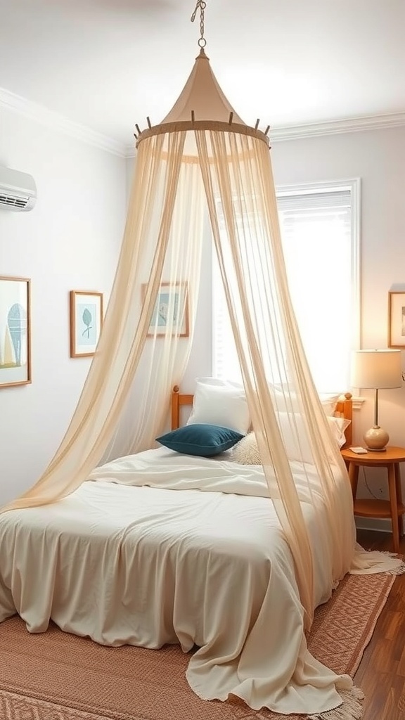 A cozy bedroom featuring a soft bed canopy draped over a bed with neutral bedding and wooden furniture.