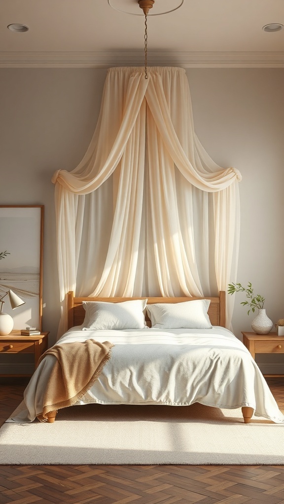Cozy bedroom with a soft bed canopy made of light fabric, wooden bed frame, and warm decor.