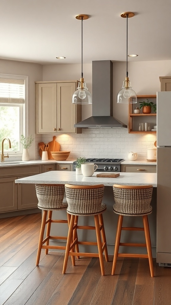 Cozy kitchen with a breakfast bar and three stools