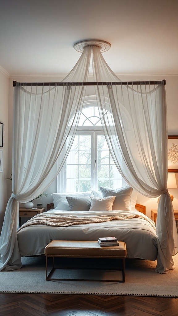 Cozy bedroom featuring a canopy bed with soft drapes, warm lighting, and inviting decor.