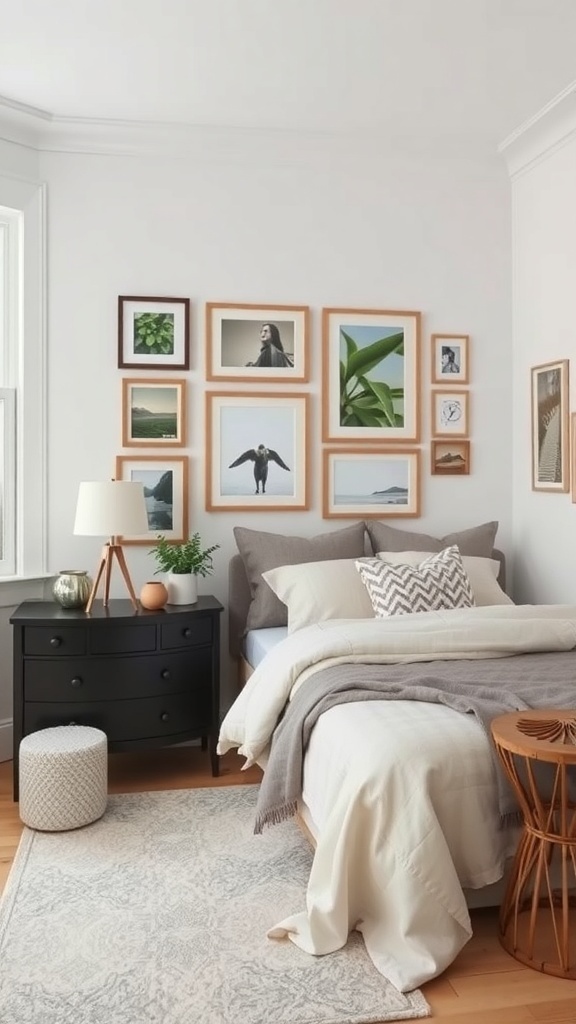 A cozy bedroom featuring a gallery wall with framed pictures, a bed with soft bedding, and a small plant on a nightstand.