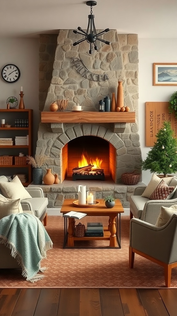 A cozy living room featuring a rustic stone fireplace, comfortable seating, and warm lighting.