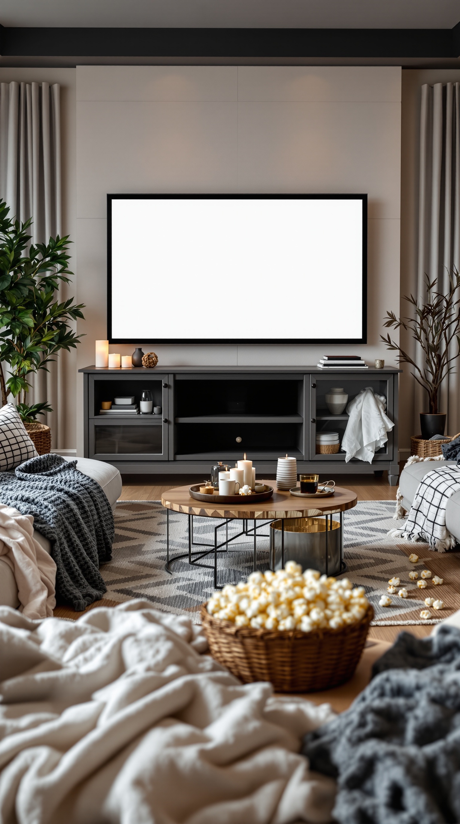A cozy family room setup for movie night with a large TV, comfortable seating, warm lighting, and a basket of popcorn.