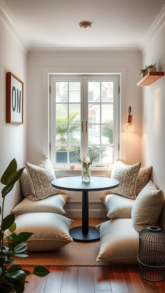 Cozy dining nook with cushions, small table, and natural light