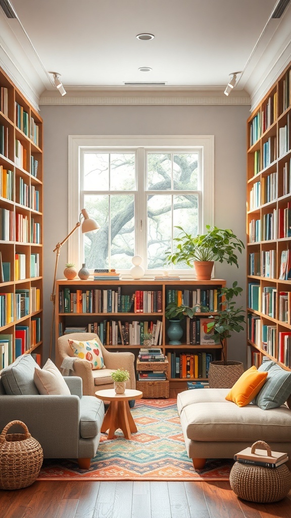 Cozy reading area for kids with colorful bookshelves, comfortable seating, and natural light.