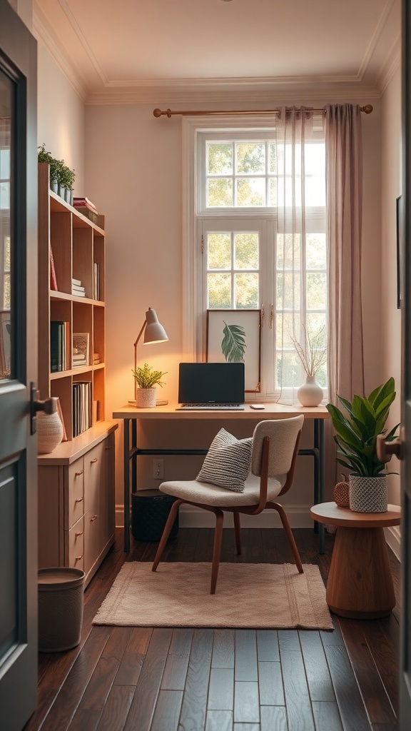A cozy reading nook in a tiny home office with a desk, chair, bookshelves, and plants.