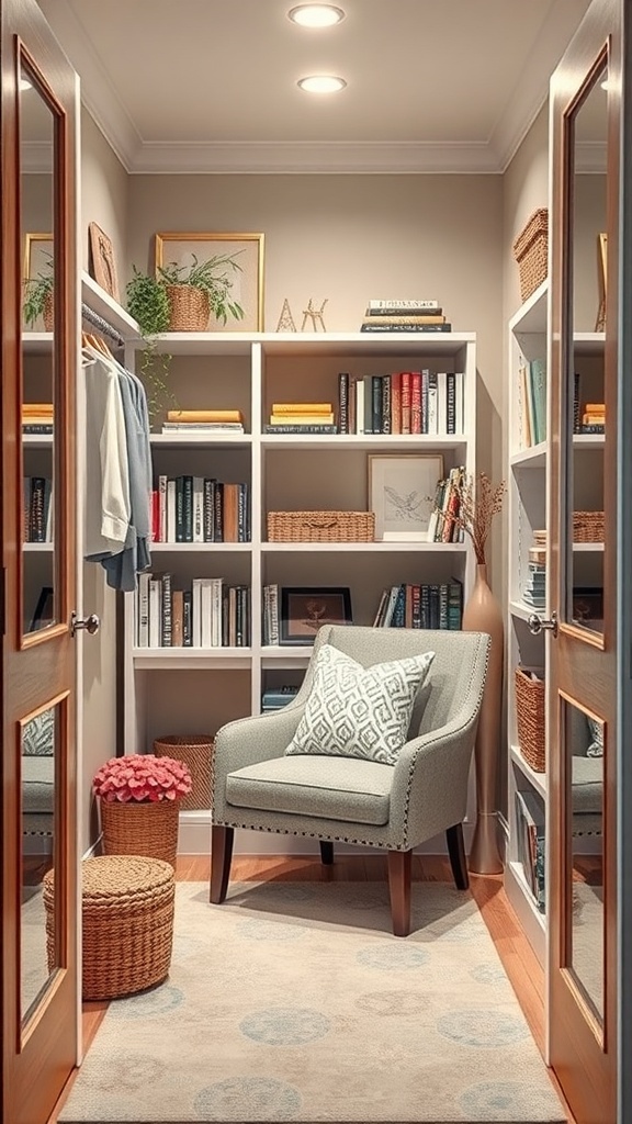 Cozy reading nook in a small walk-in closet with a chair, bookshelves, and soft lighting.