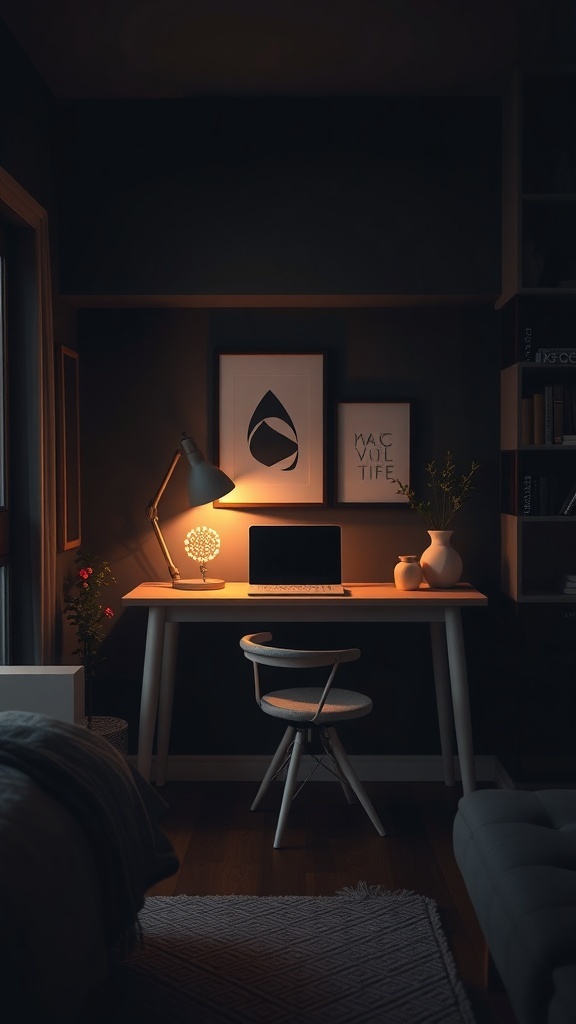 A cozy workspace in a dark bedroom featuring a desk with a laptop, lamp, and decorative items.
