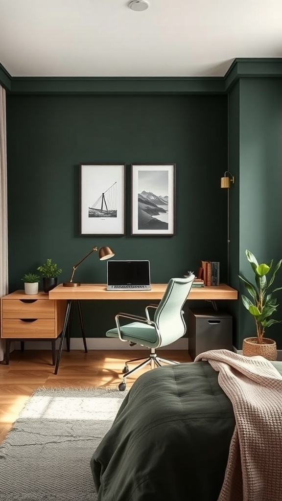 A stylish dark green home office featuring a wooden desk, comfortable chair, and plants.