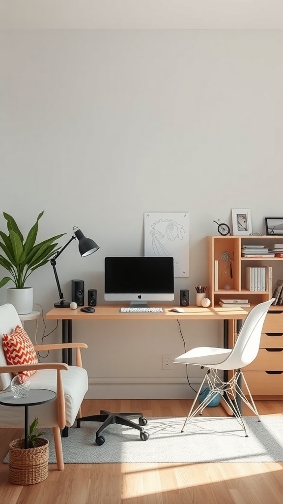 A well-organized dual-purpose workspace featuring a desk with a computer, a cozy chair, and a plant.