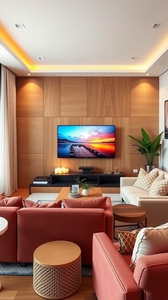 Cozy living room with a TV feature wall, featuring warm wood paneling and comfortable seating.