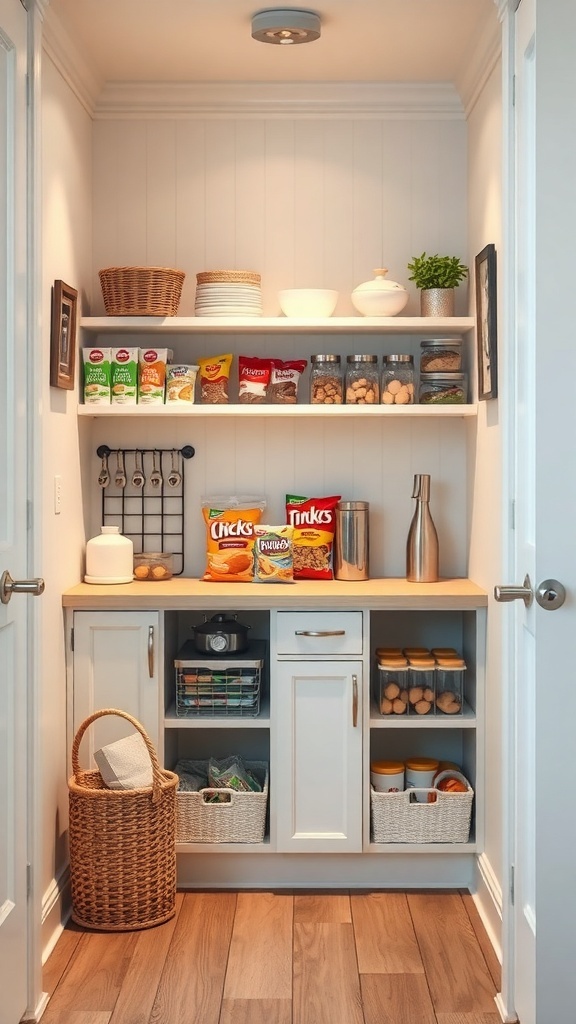 A small walk-in pantry with organized shelves, featuring snacks, jars, and a cozy basket.