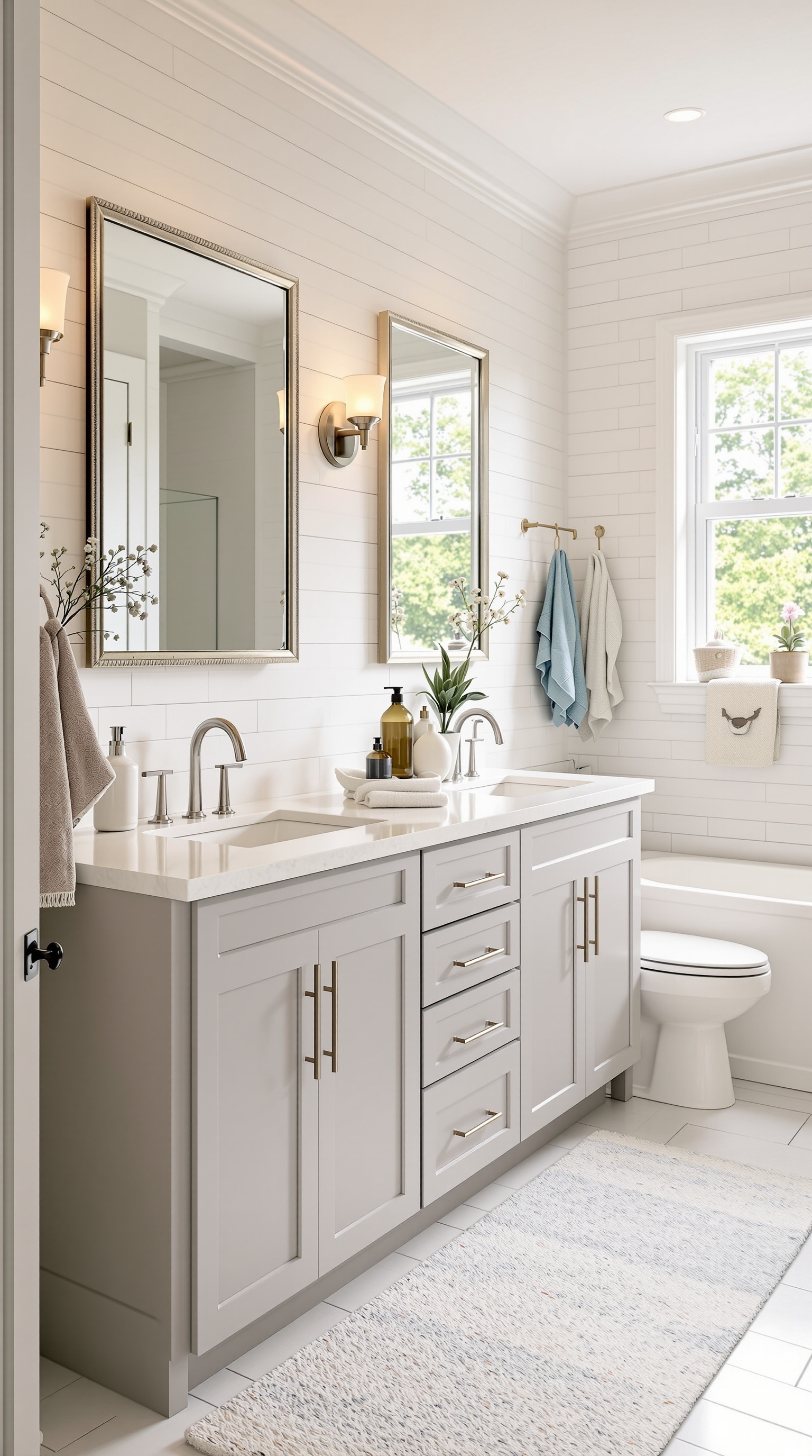 A modern family bathroom featuring dual sinks, gray cabinetry, and natural light.