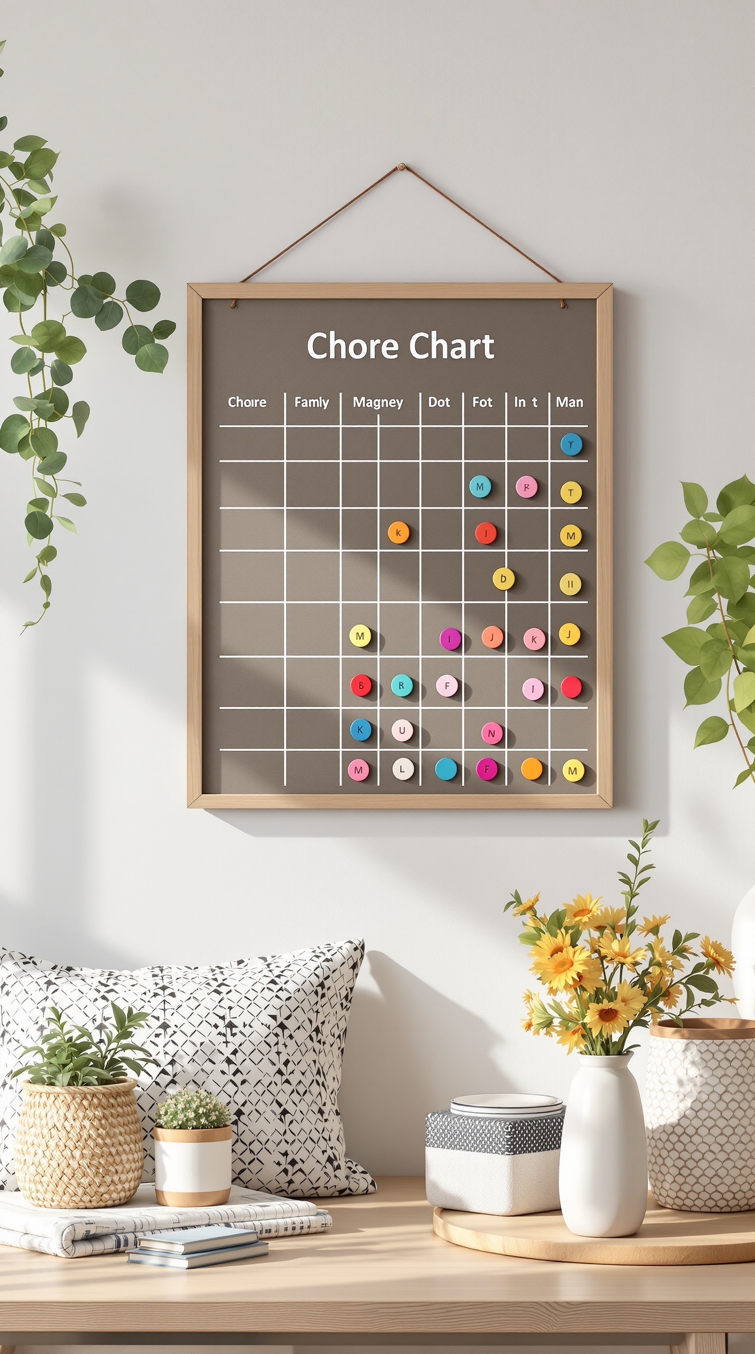 A family chore chart with colorful magnets and a clean design, hanging on a wall.