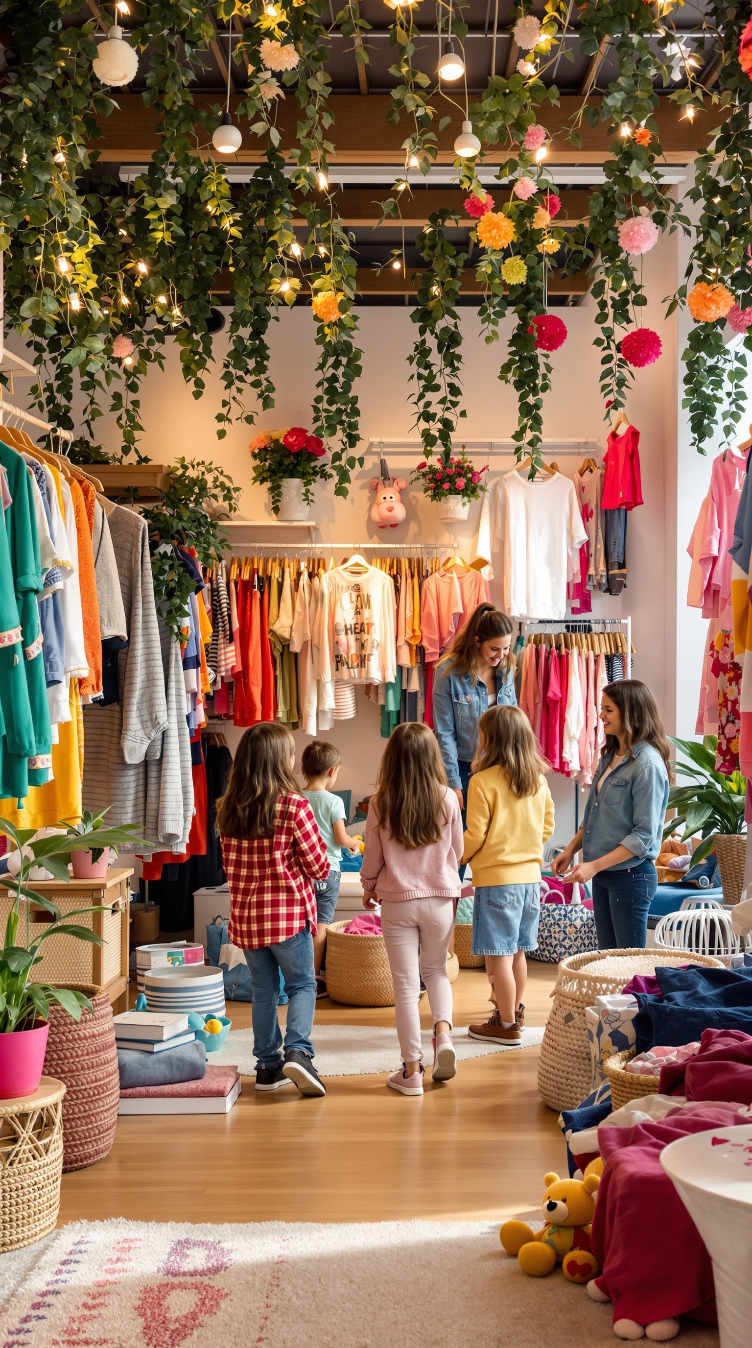 A colorful clothing swap event for kids with a cozy atmosphere and excited children exploring clothes.