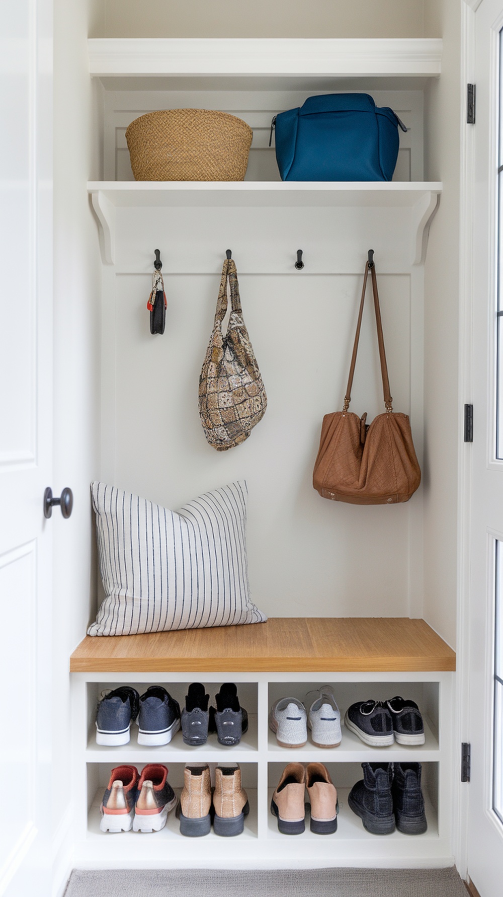A well-organized entryway with a bench, shoe storage, and bags on a shelf.