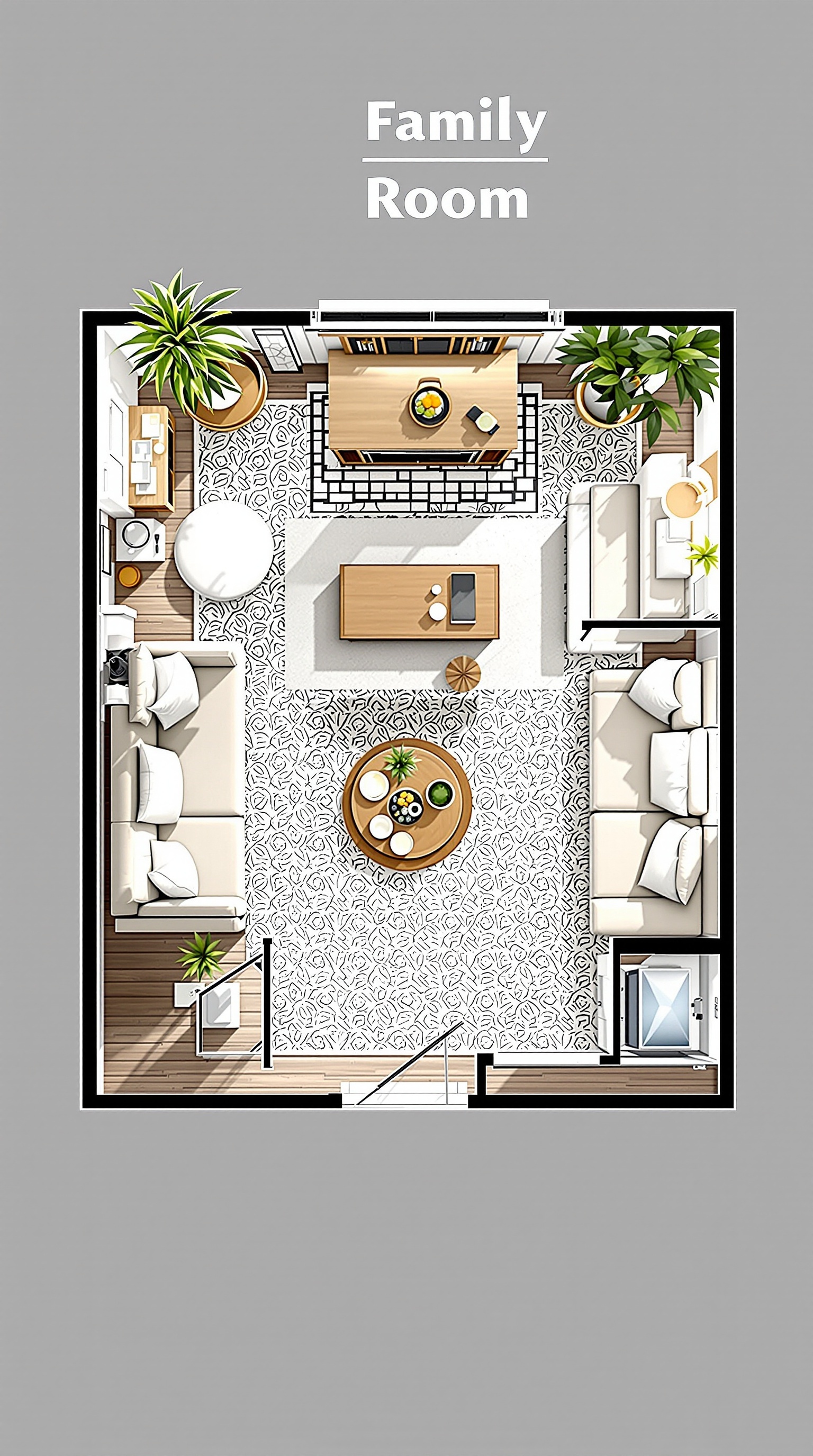 A top-down view of a family room layout with seating, a coffee table, and a fireplace.