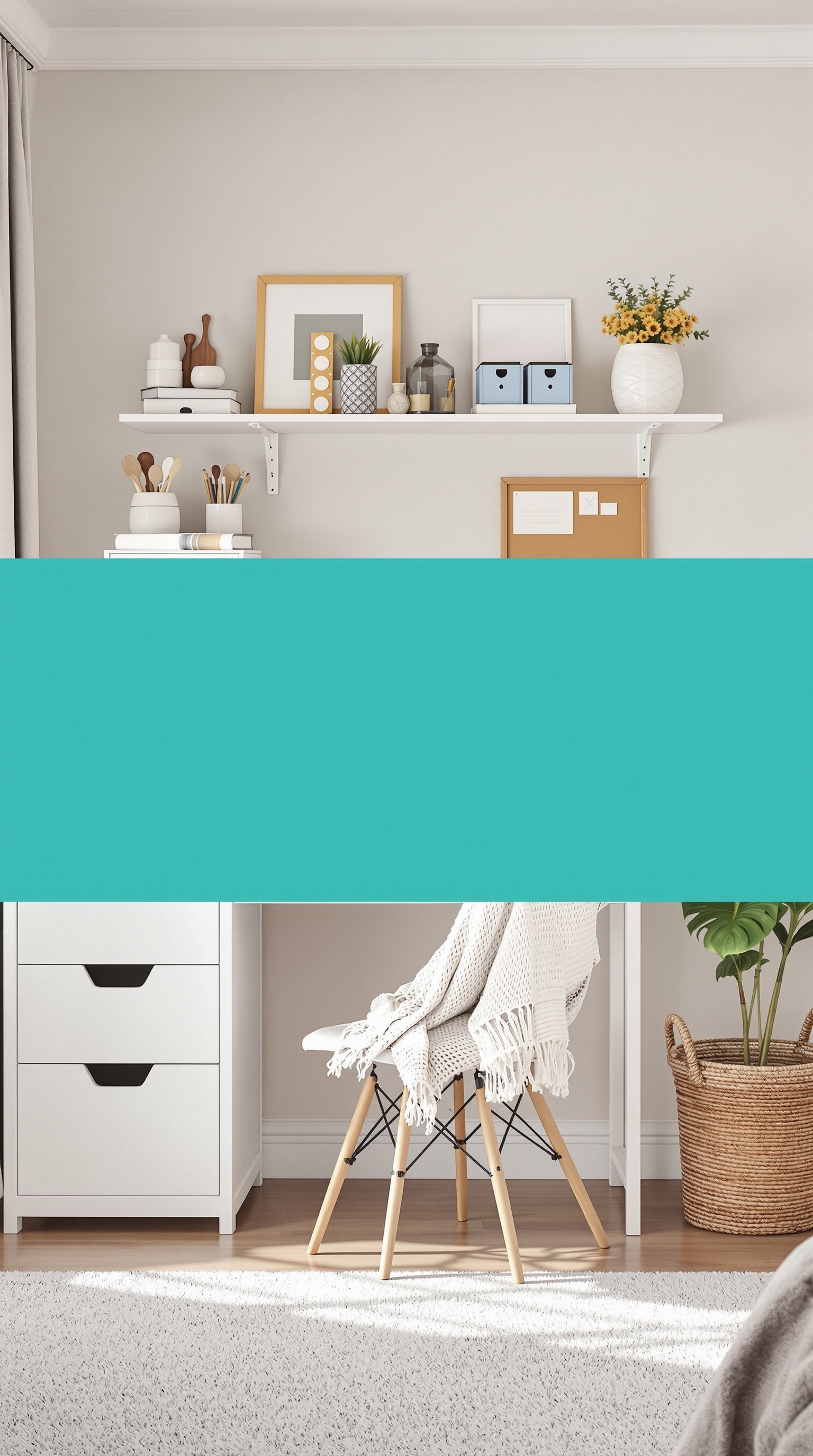 A functional homework station with a desk, chair, shelves, and decorative items.