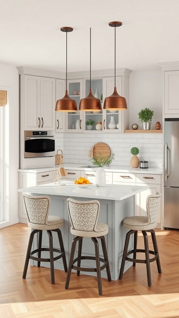 A modern kitchen island with a white countertop, three pendant lights, and stylish stools.