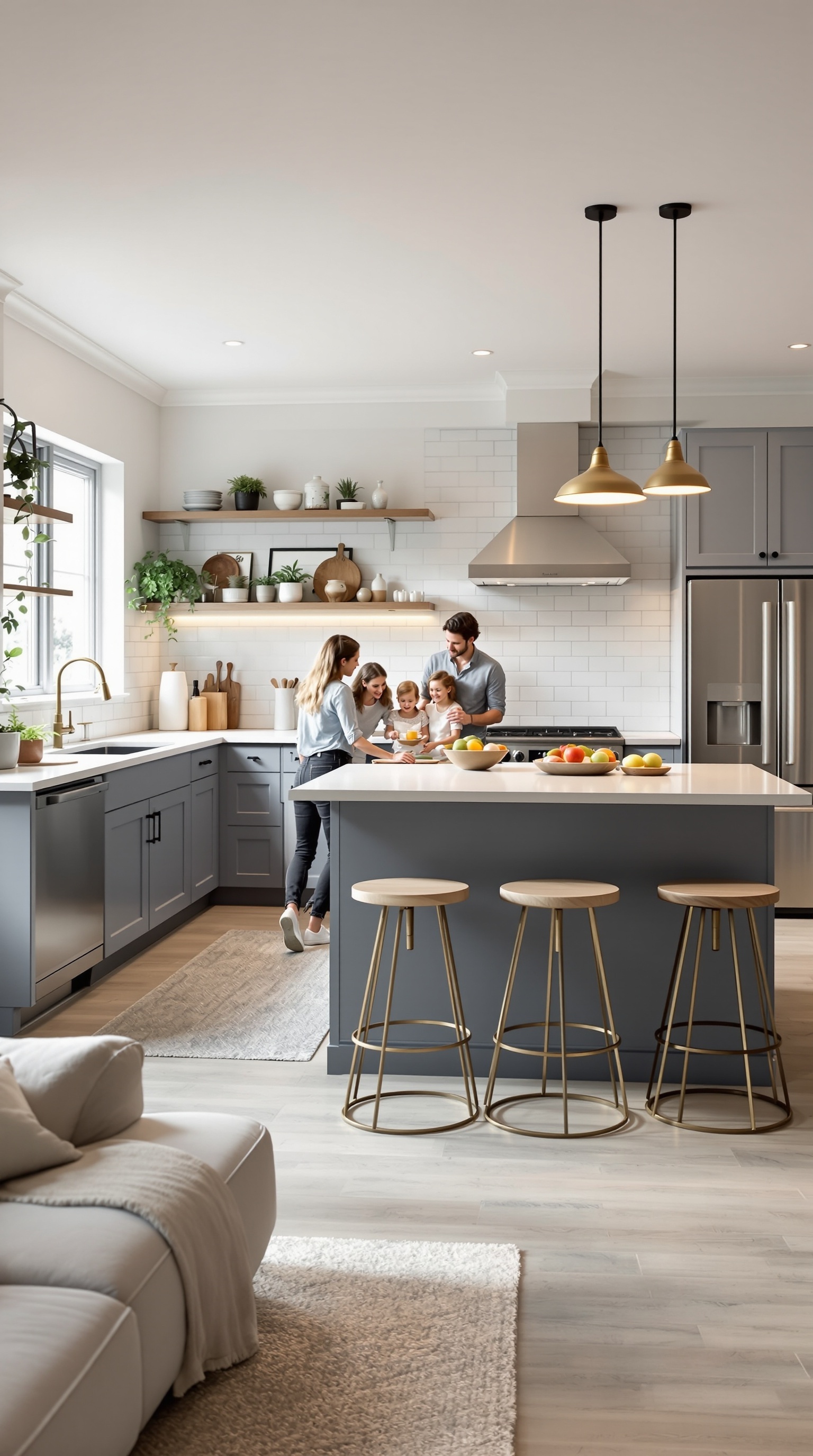 A modern kitchen with a family cooking together, featuring an island, open shelves, and natural light.