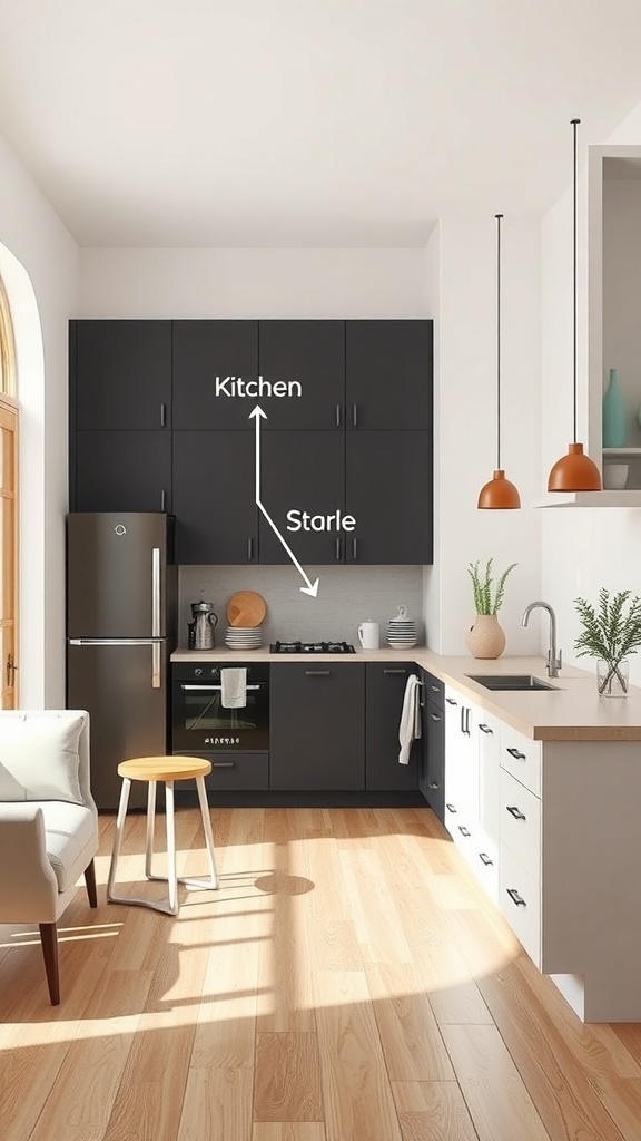 A modern small kitchen with dark cabinets, a stove, and a cozy seating area.