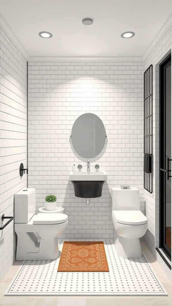 Modern small basement bathroom with a wall-mounted sink, toilet, and round mirror, featuring a patterned rug on the floor.