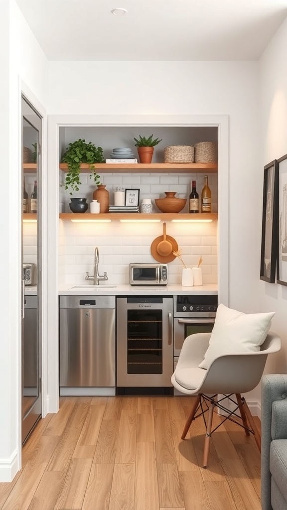 A modern apartment kitchen with a functional pantry space featuring open shelving, plants, and sleek appliances.