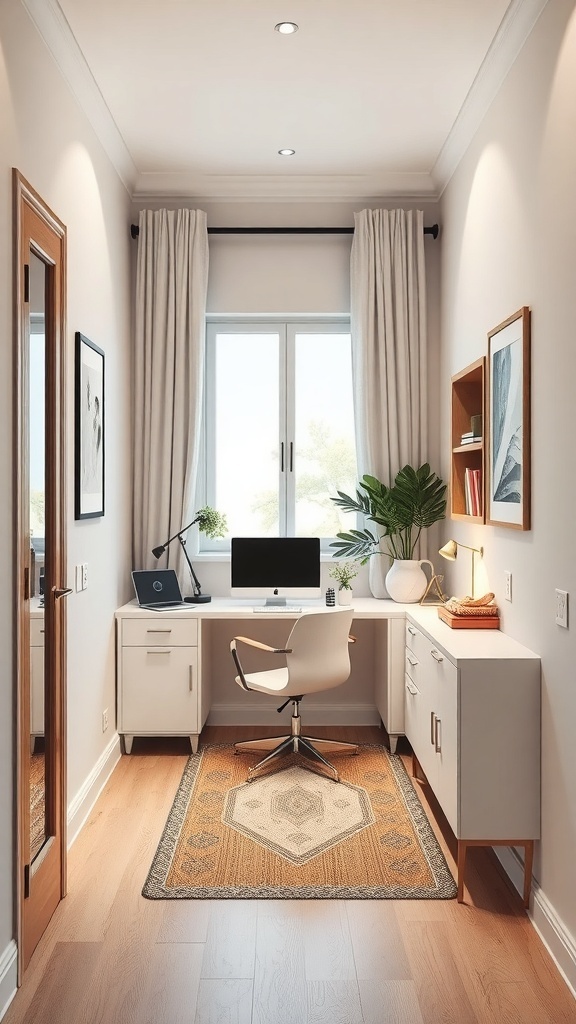 A narrow home office featuring a desk, chair, and decorative elements.