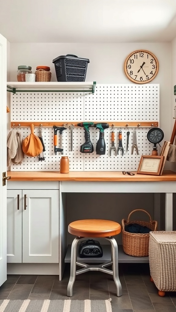 A well-organized utility room with a workbench area featuring tools on a pegboard, a wooden countertop, and storage solutions.