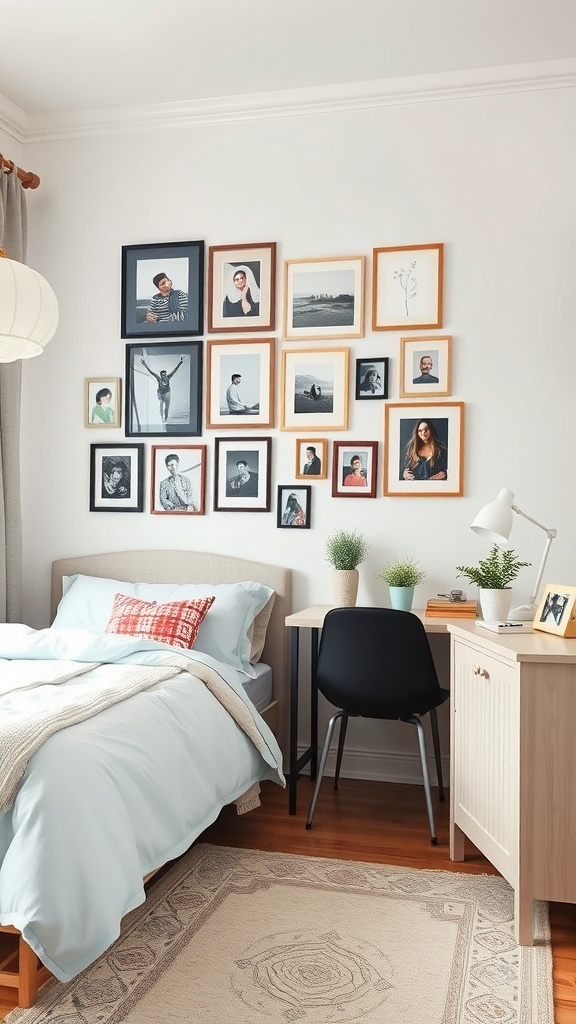 A small teen bedroom featuring a gallery wall with framed photos, a bed with light blue bedding, a desk, and plants.