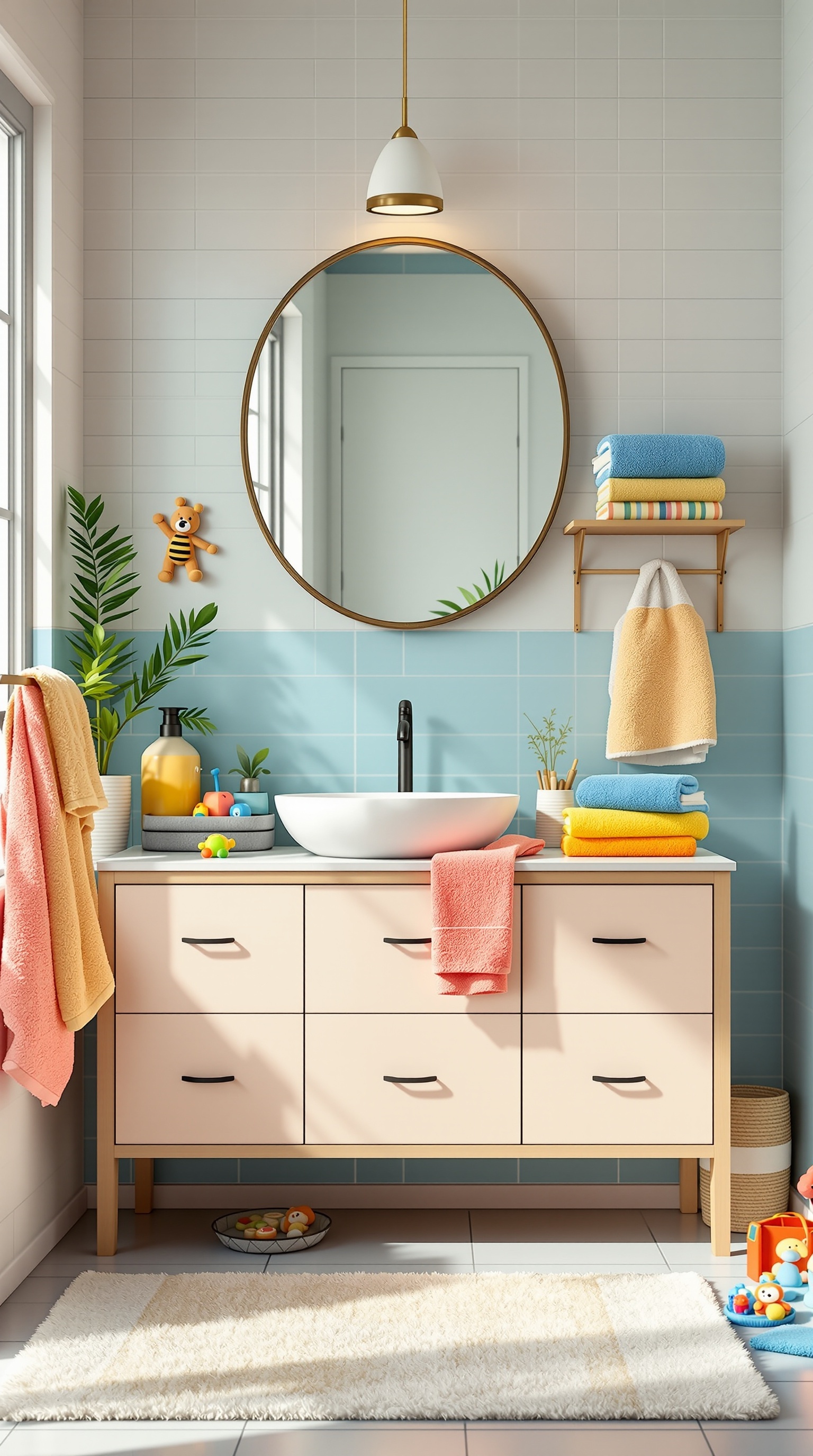 A bright and cheerful kid-friendly bathroom with colorful towels, toys, and plants.