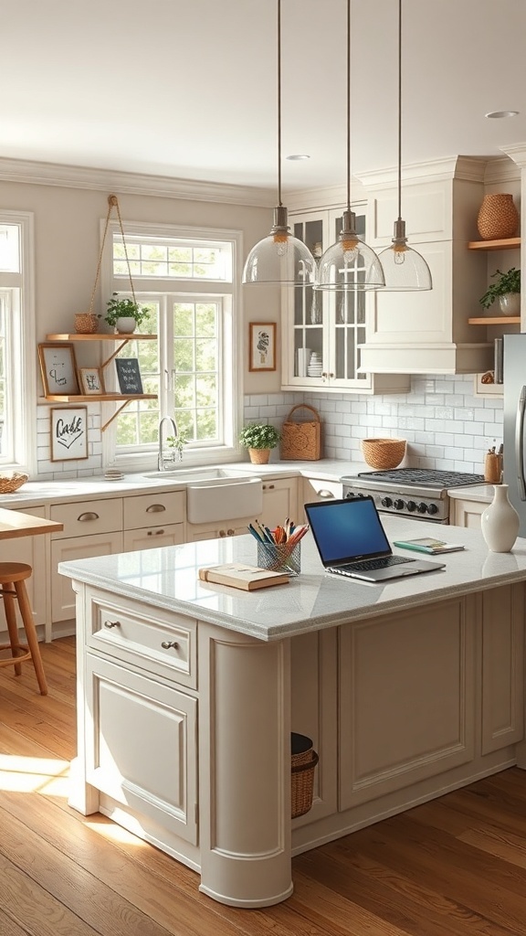 A kitchen island designed as a homework station, featuring a laptop, stationery, and bright lighting.