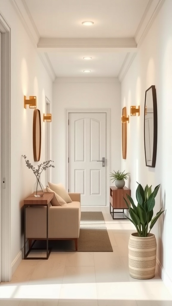 A minimalist hallway featuring a bench, side tables, mirrors, and plants.
