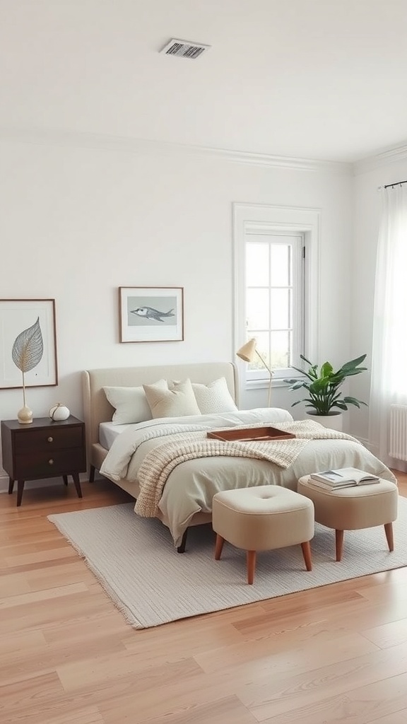 A minimalist bedroom featuring a light color palette, a cozy bed with soft linens, a nightstand, and a plant by the window.
