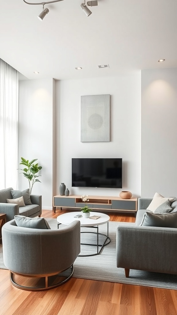 A minimalist living room featuring a TV on a feature wall with modern furniture and soft lighting.