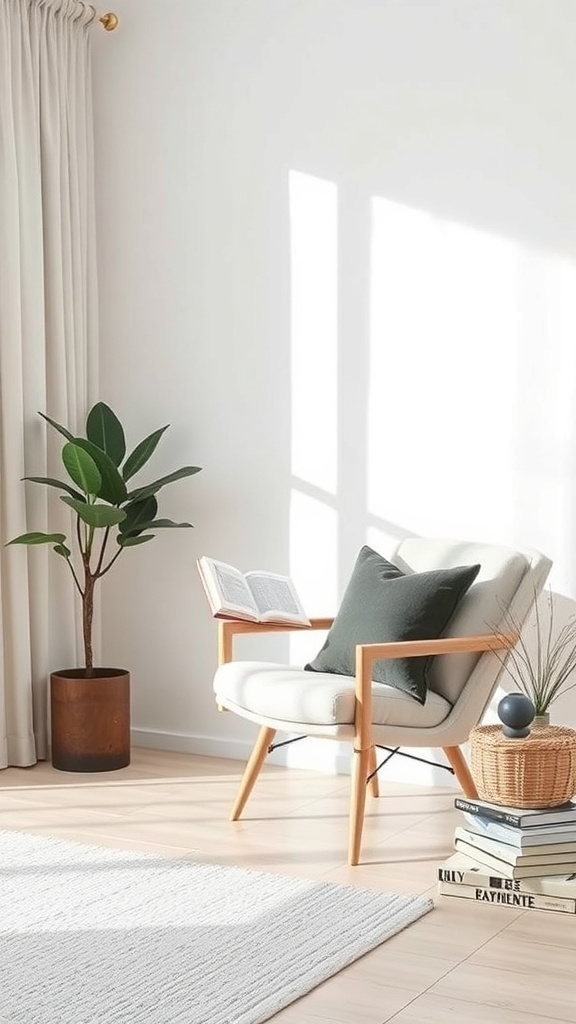 A minimalist reading nook featuring a cozy chair, a small plant, and neatly stacked books.