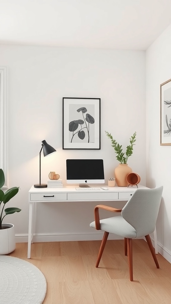 A minimalist home office with a white desk, computer, lamp, and plants.