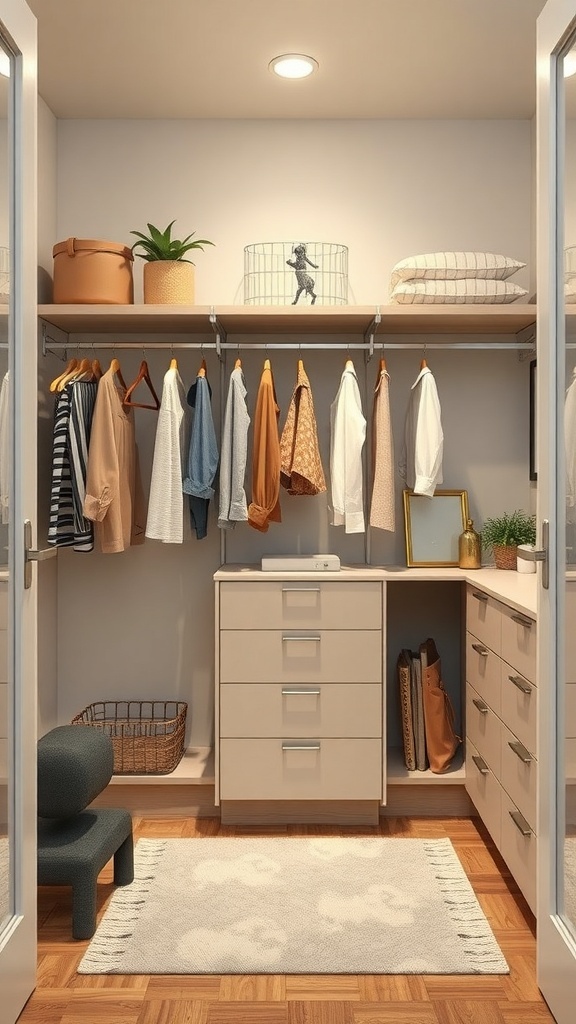 A well-organized multi-functional closet with hanging clothes, storage baskets, and a small chair.