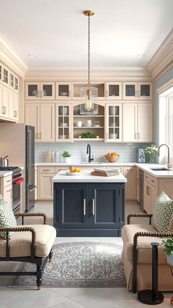 A modern kitchen featuring a multi-functional island with seating, a dark navy finish, and a white countertop.