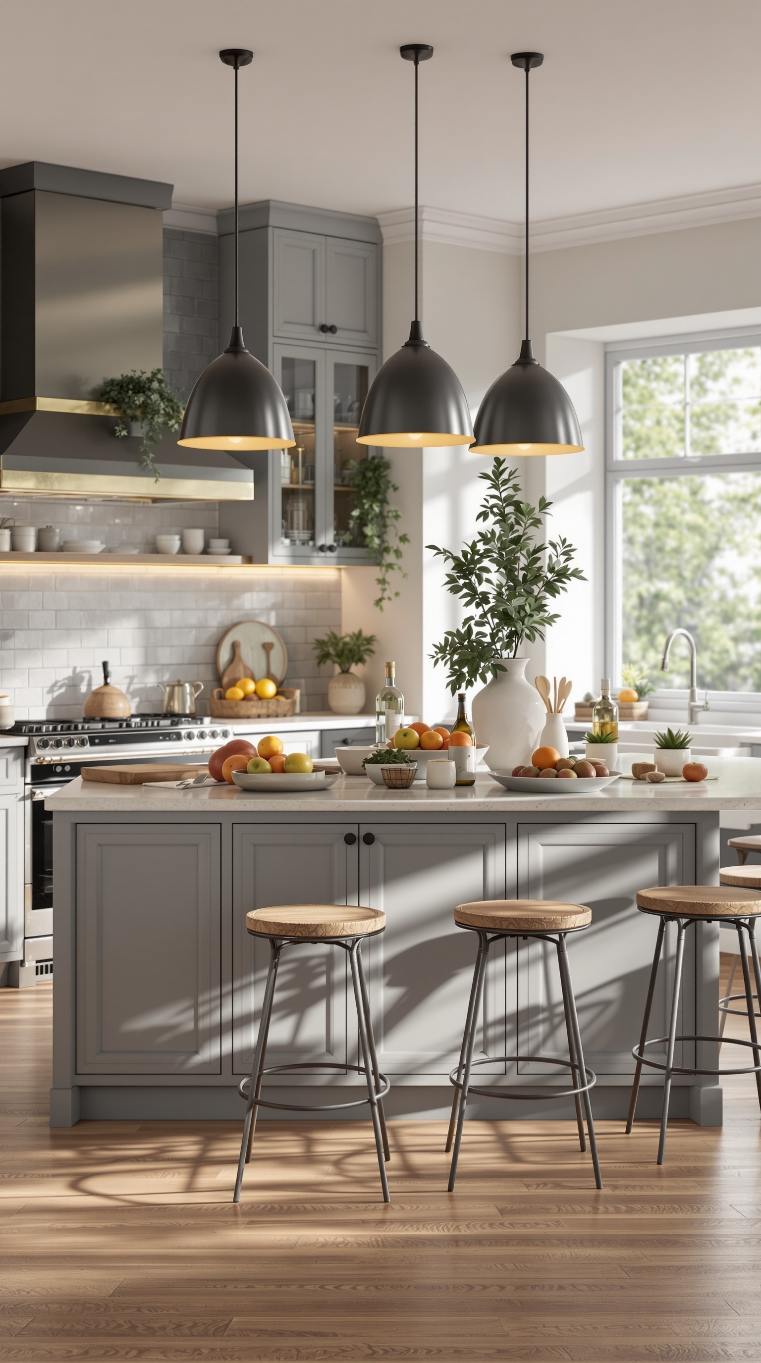 A modern kitchen diner with a multi-functional island, featuring gray cabinetry, white countertop, and wooden stools.
