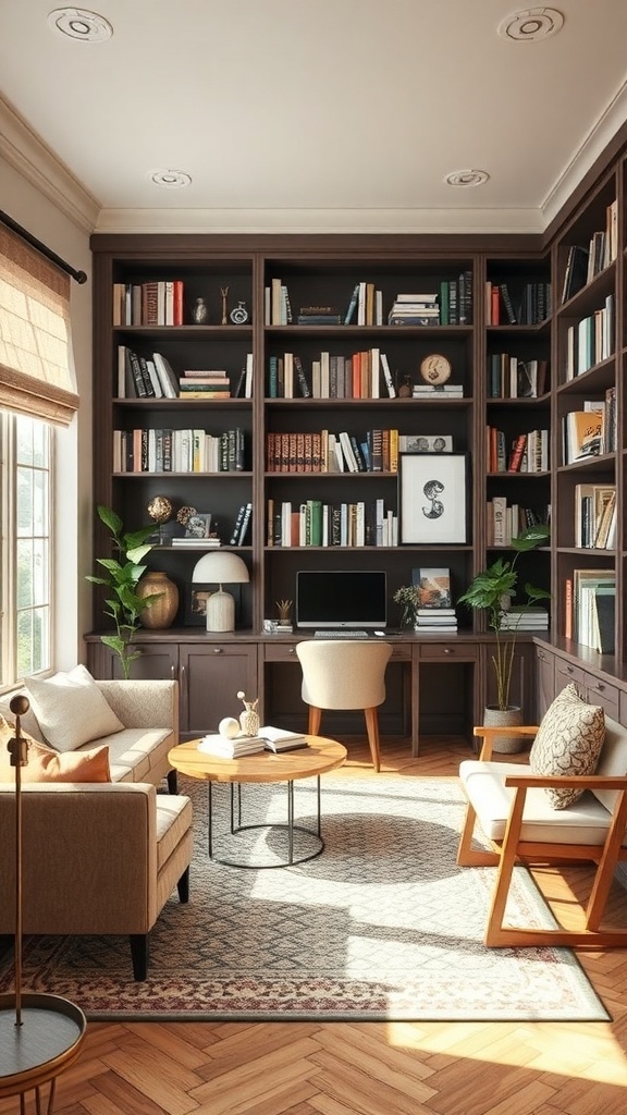 Cozy home library with bookshelves, seating area, and workspace