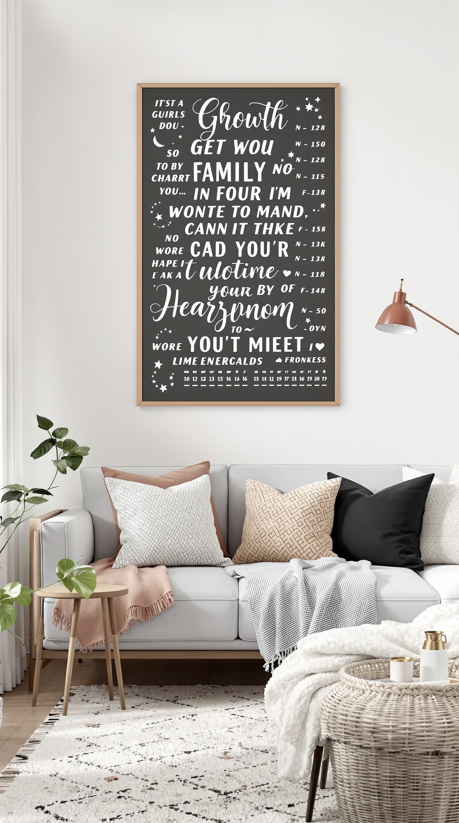A personal growth wall art piece with inspirational phrases about family and growth, displayed in a cozy living room setting.